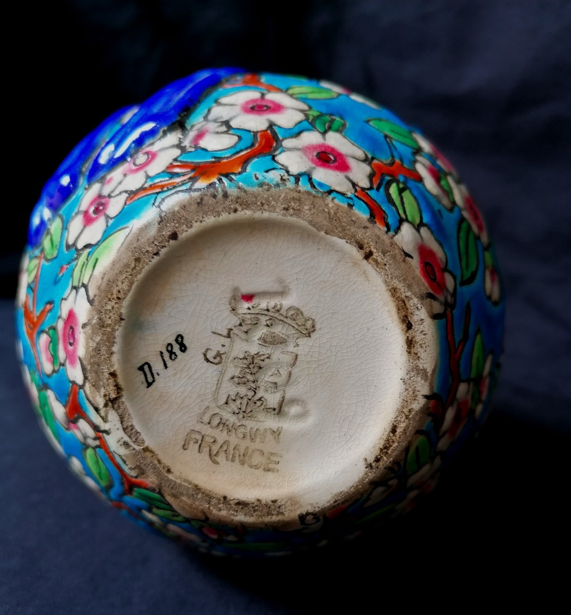 VASE DOUBLE GOURDE EN FAIENCE DE LONGWY -DECOR AUX FLEURS DE POMMIER EMAILLEES - DEBUT XXEME --photo-2