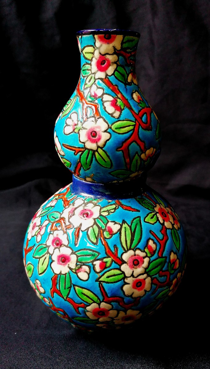 VASE DOUBLE GOURDE EN FAIENCE DE LONGWY -DECOR AUX FLEURS DE POMMIER EMAILLEES - DEBUT XXEME --photo-4