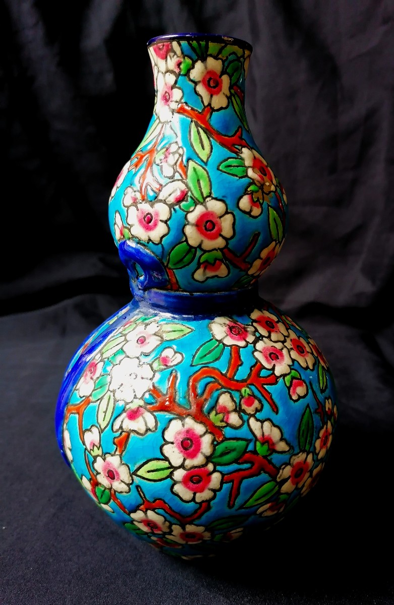 VASE DOUBLE GOURDE EN FAIENCE DE LONGWY -DECOR AUX FLEURS DE POMMIER EMAILLEES - DEBUT XXEME --photo-1