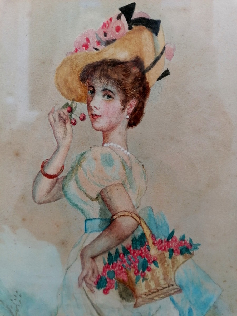AQUARELLE ET REHAUT DE GOUACHE - JEUNE FEMME AU PANIER DE CERISE - DEBUT XXEME --photo-2