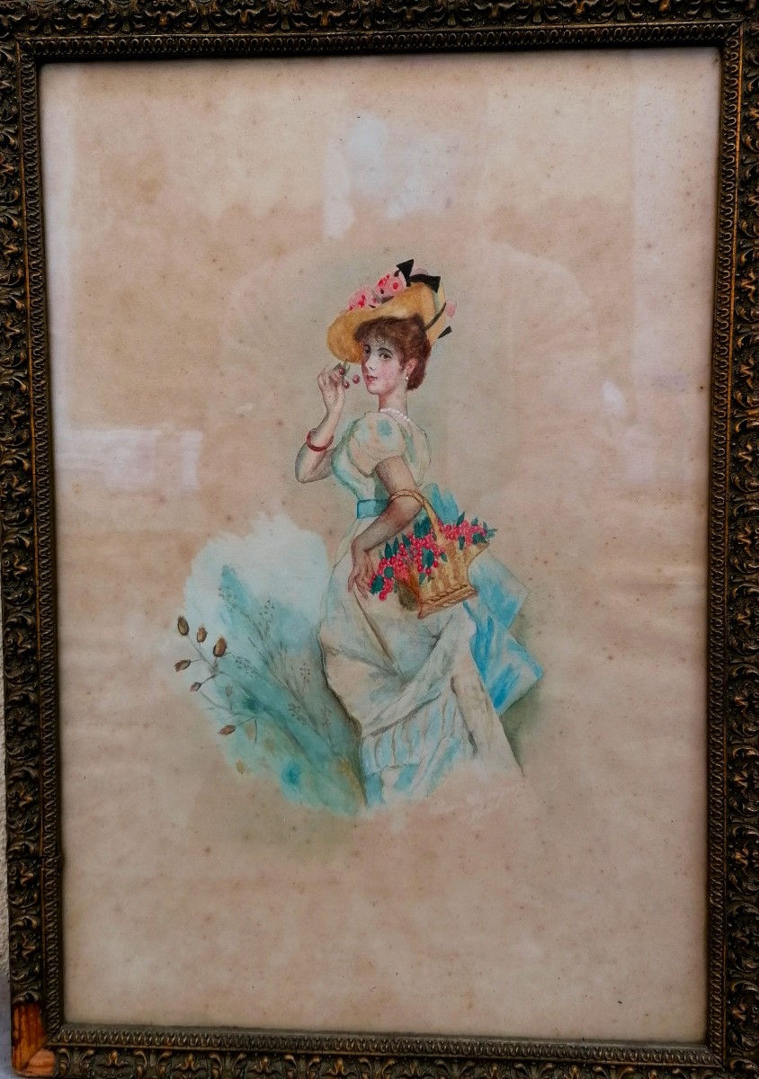 AQUARELLE ET REHAUT DE GOUACHE - JEUNE FEMME AU PANIER DE CERISE - DEBUT XXEME --photo-3