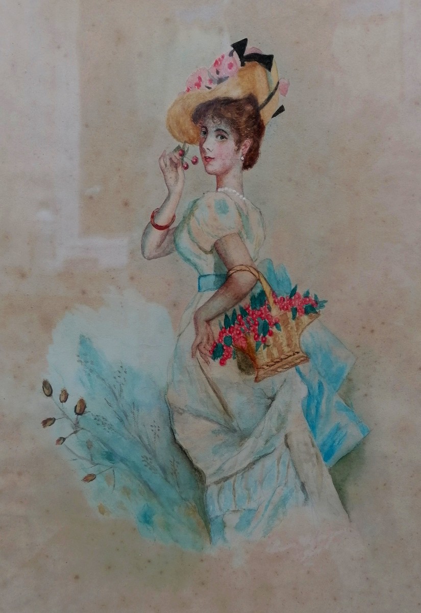 AQUARELLE ET REHAUT DE GOUACHE - JEUNE FEMME AU PANIER DE CERISE - DEBUT XXEME -