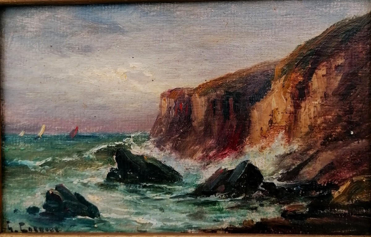 GASTON CORBIER - HUILE SUR CARTON - MARINE - PAYSAGE DE BRETAGNE - XXEME --photo-2
