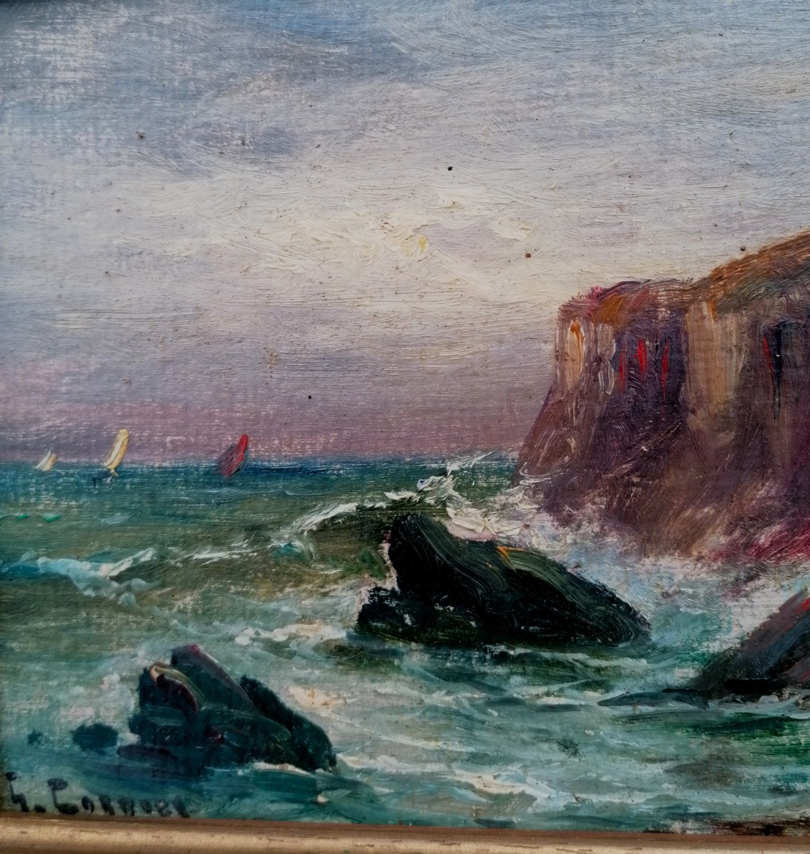 GASTON CORBIER - HUILE SUR CARTON - MARINE - PAYSAGE DE BRETAGNE - XXEME --photo-3