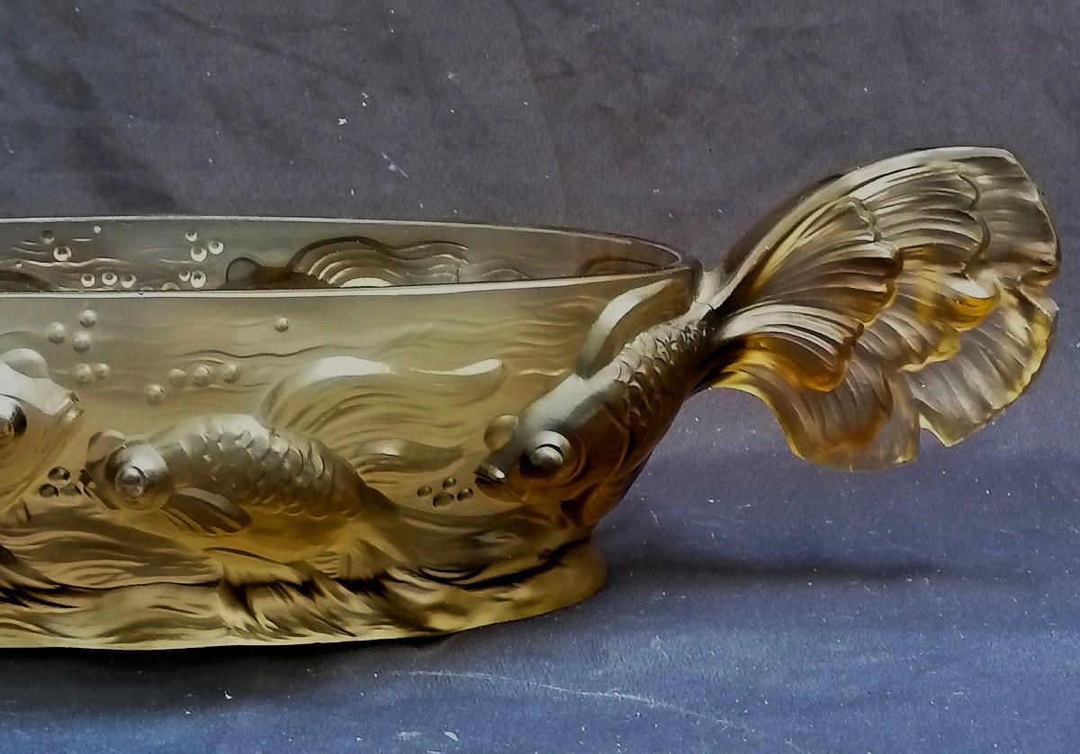 Verlys France - Centerpiece - Colored Glass Press - Art Deco - Fish-photo-2