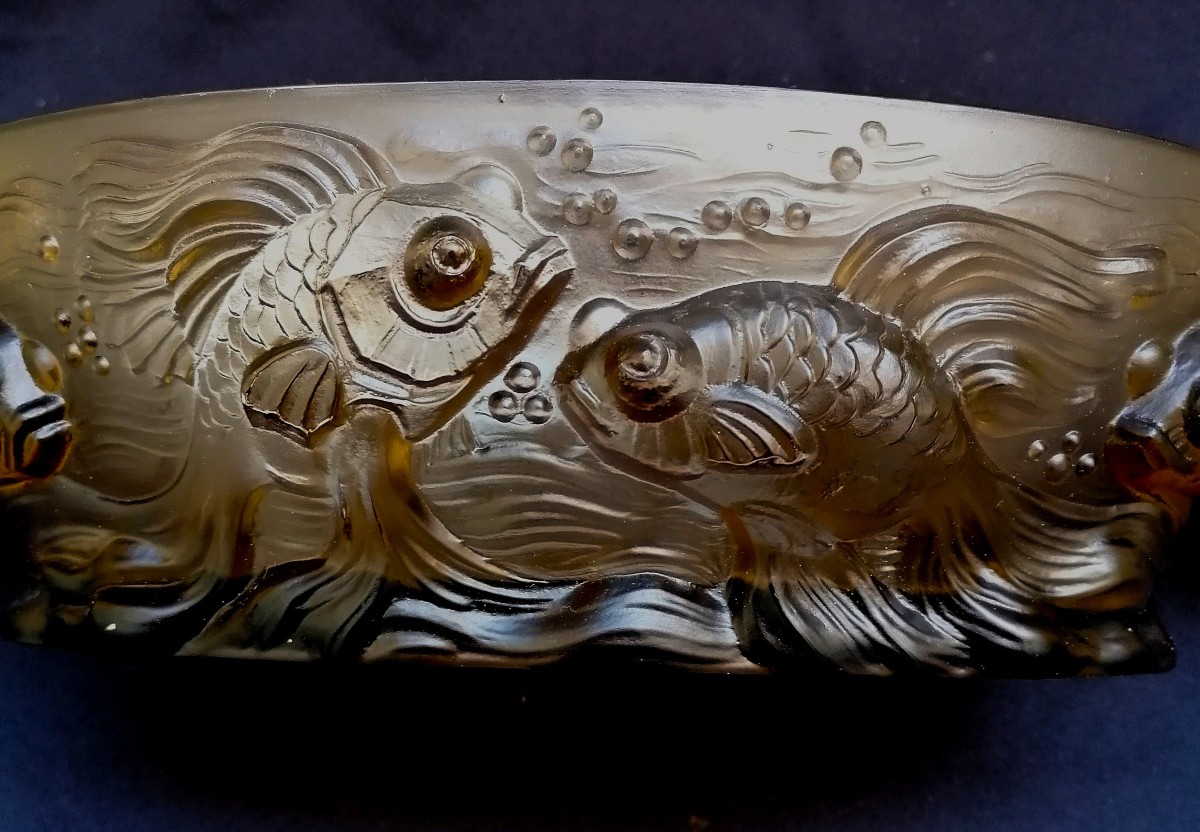 Verlys France - Centerpiece - Colored Glass Press - Art Deco - Fish-photo-3