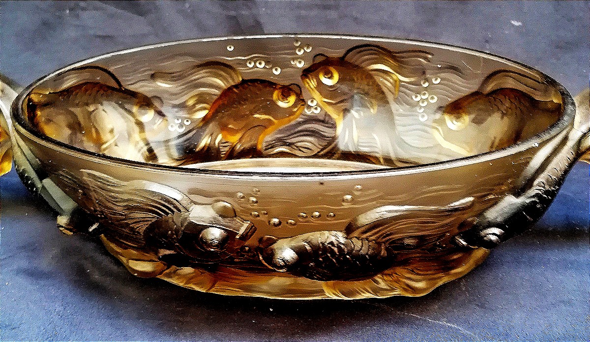 Verlys France - Centerpiece - Colored Glass Press - Art Deco - Fish-photo-4