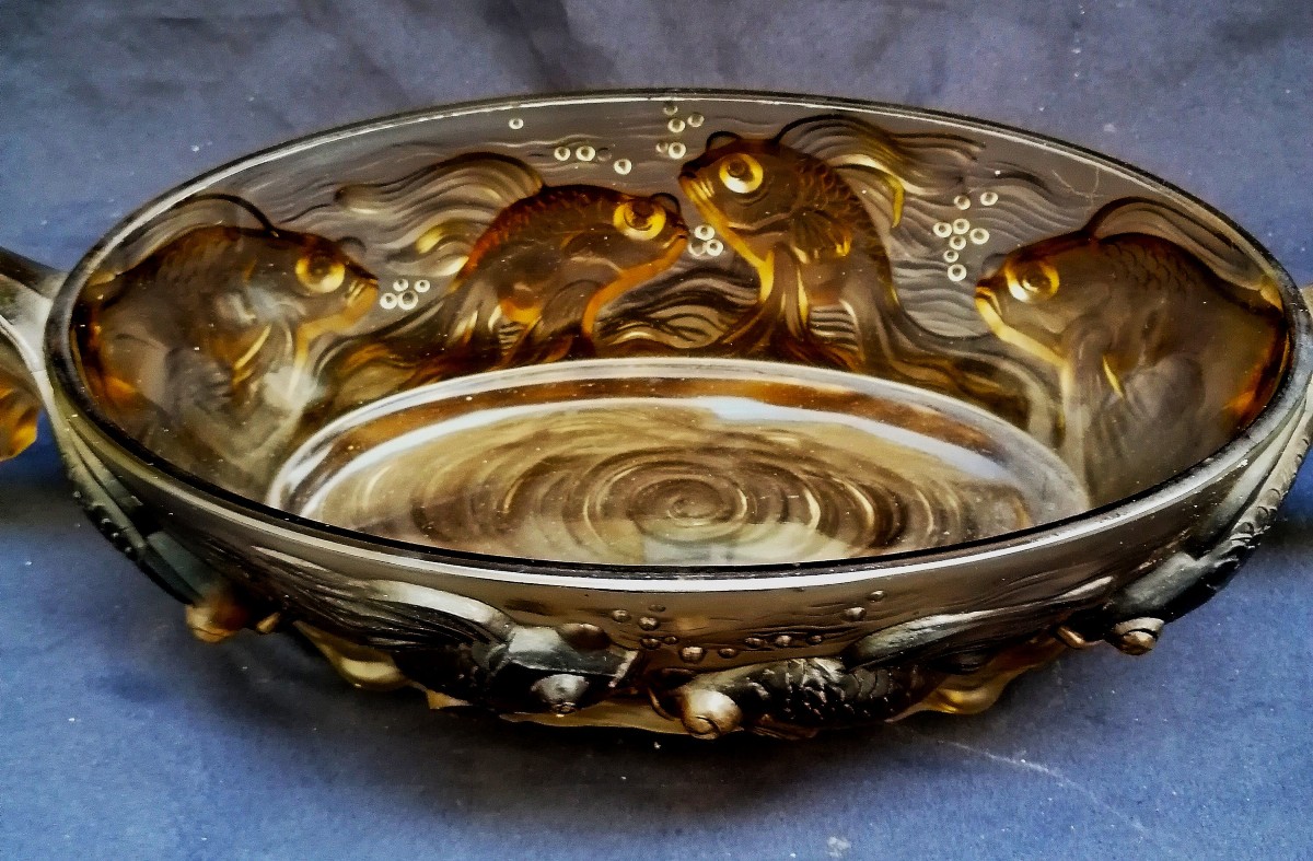 Verlys France - Centerpiece - Colored Glass Press - Art Deco - Fish-photo-2