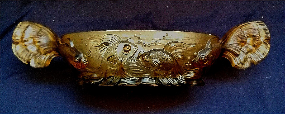 Verlys France - Centerpiece - Colored Glass Press - Art Deco - Fish