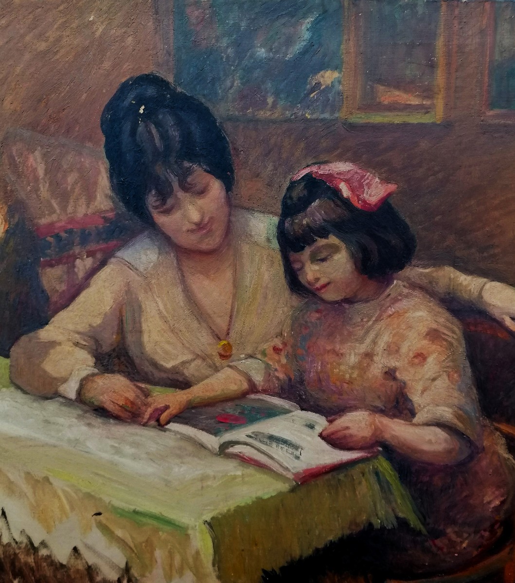 HUILE SUR TOILE - ECOLE FRANCAISE POST IMPRESSIONNISTE - LA LECTURE - XXEME - 73 X 100 CM --photo-2