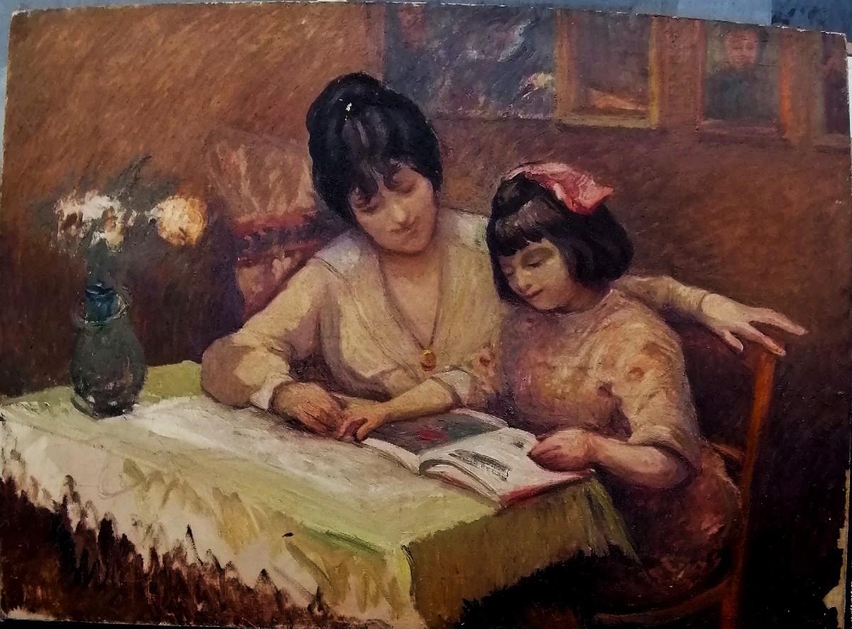 HUILE SUR TOILE - ECOLE FRANCAISE POST IMPRESSIONNISTE - LA LECTURE - XXEME - 73 X 100 CM -