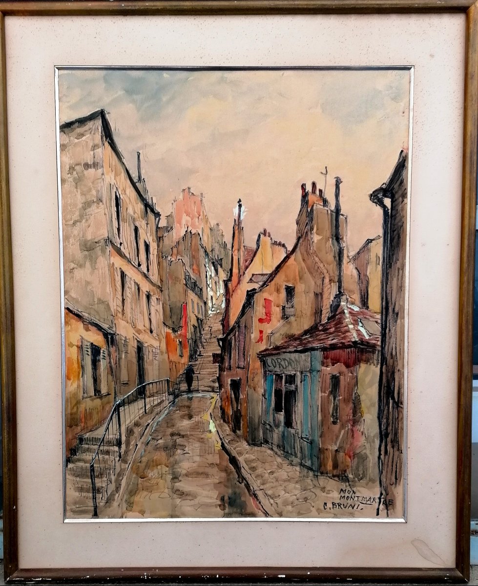 CONSTANTIN NICOLAEVITCH BRUNI - AQUARELLE - VUE DE MONTMARTRE - XXEME --photo-3