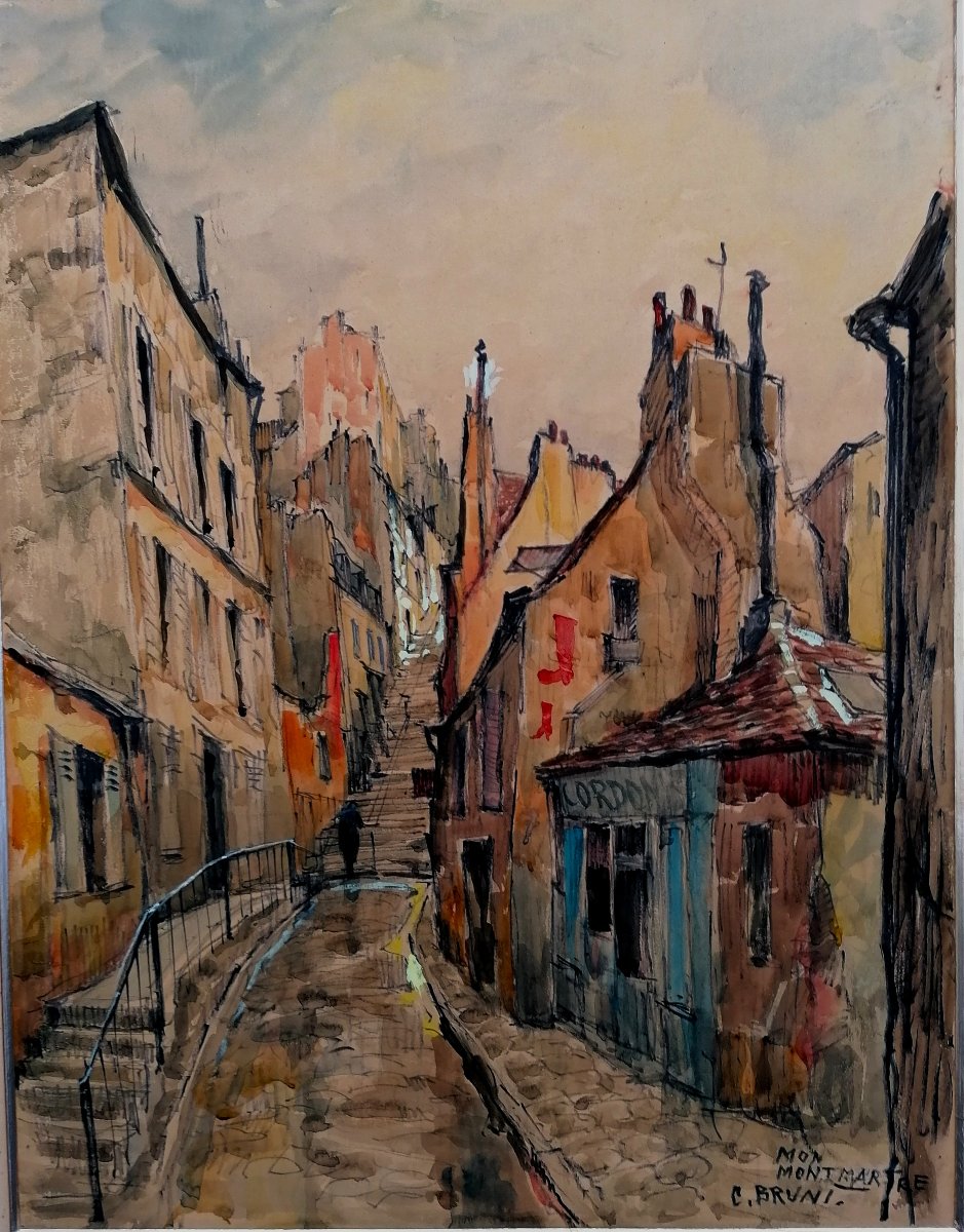 CONSTANTIN NICOLAEVITCH BRUNI - AQUARELLE - VUE DE MONTMARTRE - XXEME -