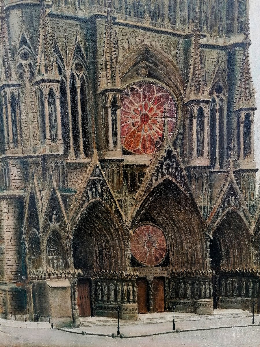 Oil On Canvas - Cathedrale Notre Dame De Reims Avant La 1ere Guerre Mondiale - Signed --photo-2