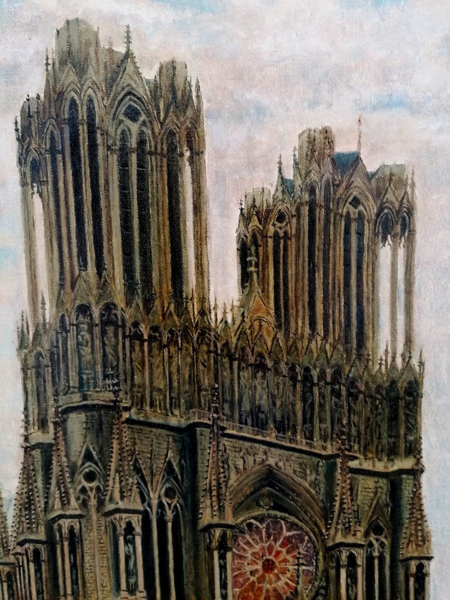 Oil On Canvas - Cathedrale Notre Dame De Reims Avant La 1ere Guerre Mondiale - Signed --photo-3