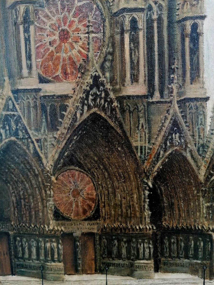 Oil On Canvas - Cathedrale Notre Dame De Reims Avant La 1ere Guerre Mondiale - Signed --photo-3