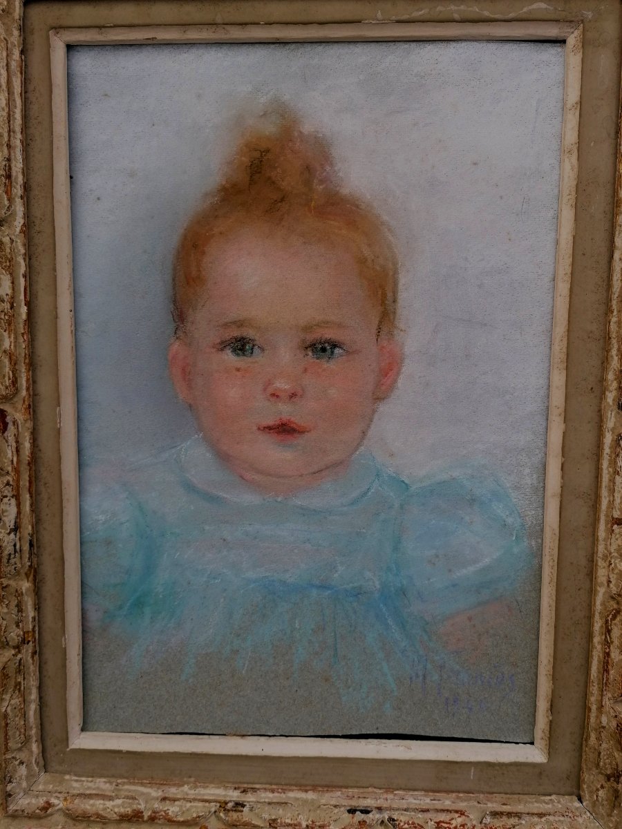 Pastel - Portrait - Baby - Signature - Circa 1946 - Montparnasse Frame --photo-2