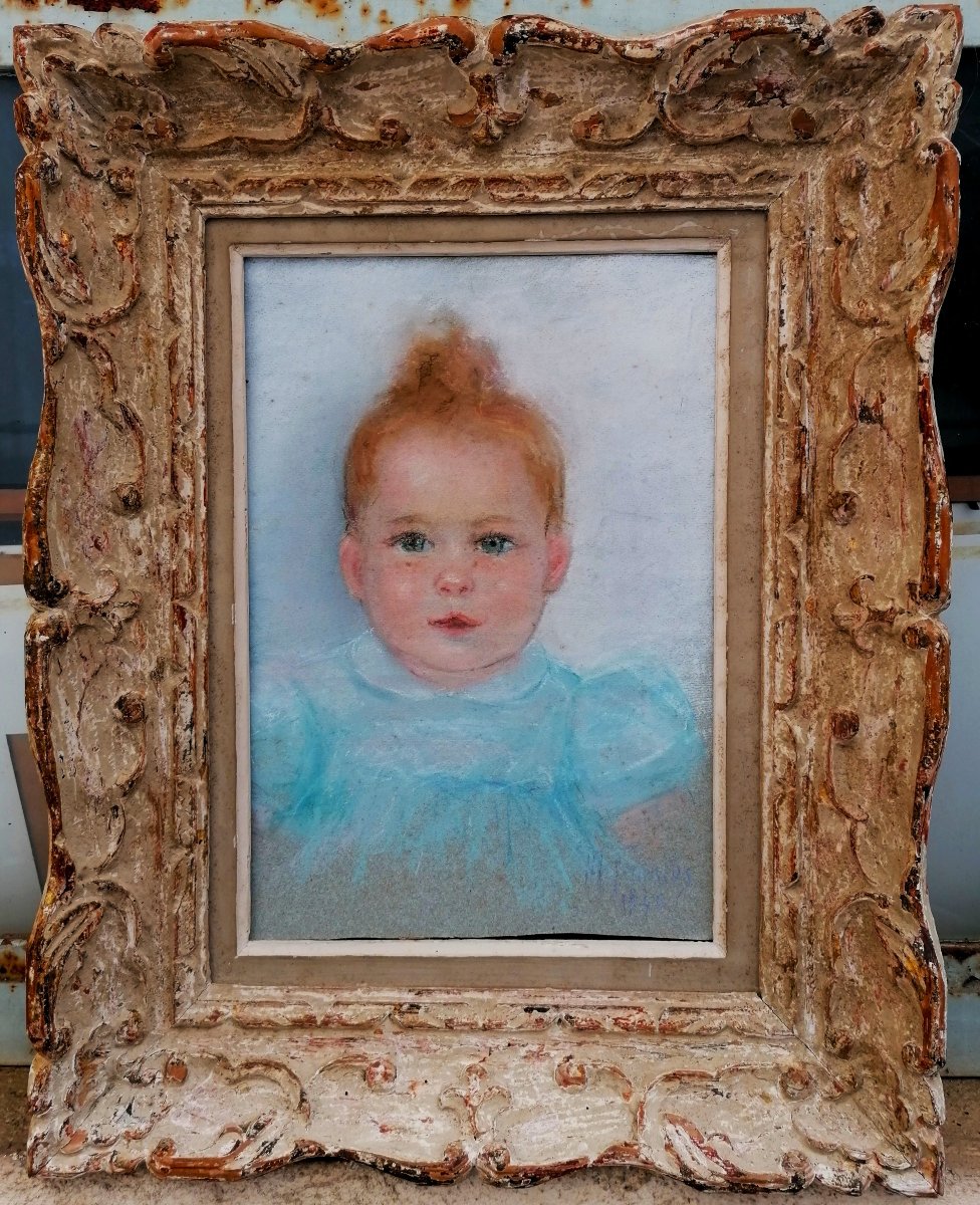 Pastel - Portrait - Baby - Signature - Circa 1946 - Montparnasse Frame -
