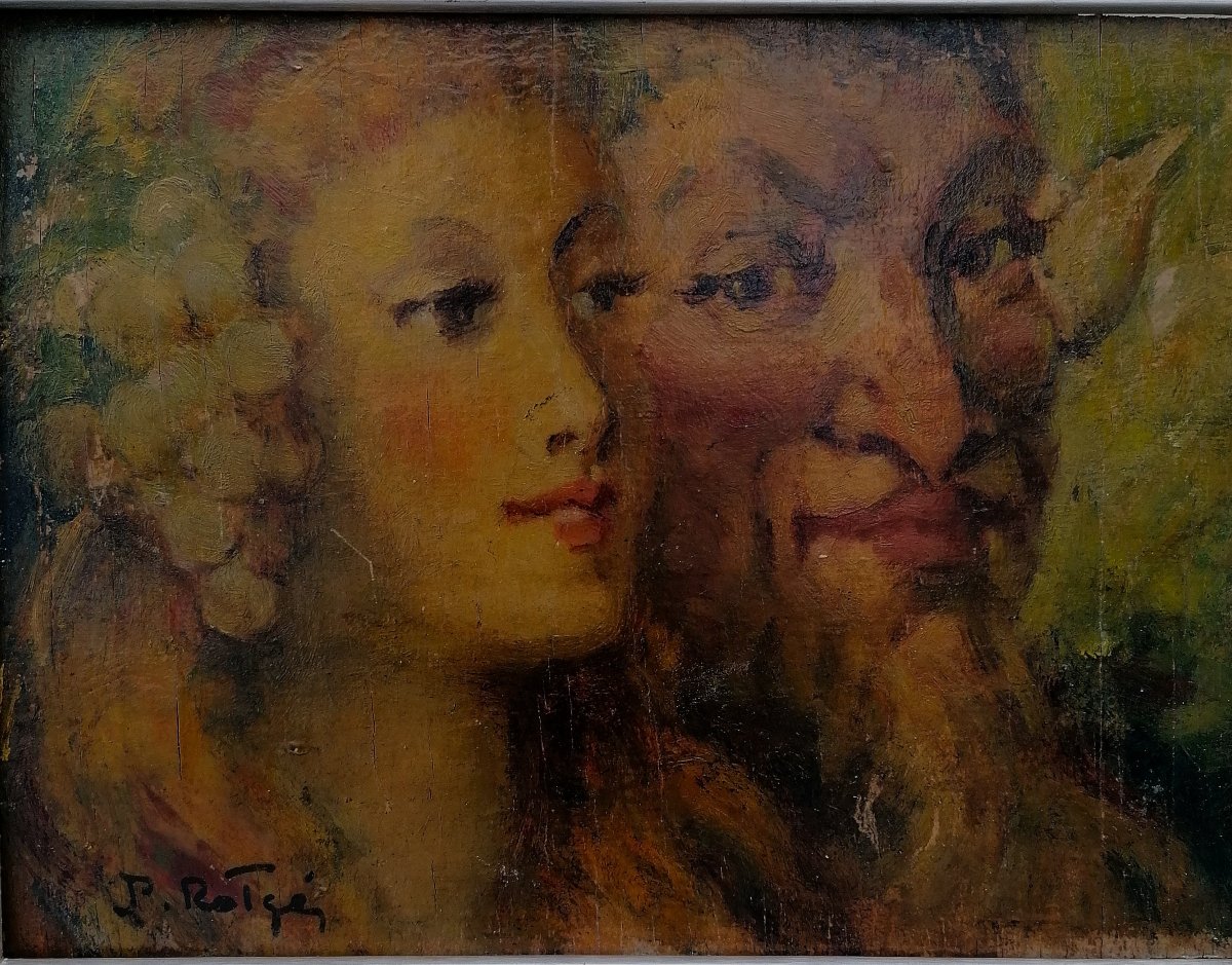 PROSPER ROTGE - HUILE SUR PANNEAU - PORTRAIT DE BACCHUS ET ARIANE - XXEME SIECLE - -photo-2