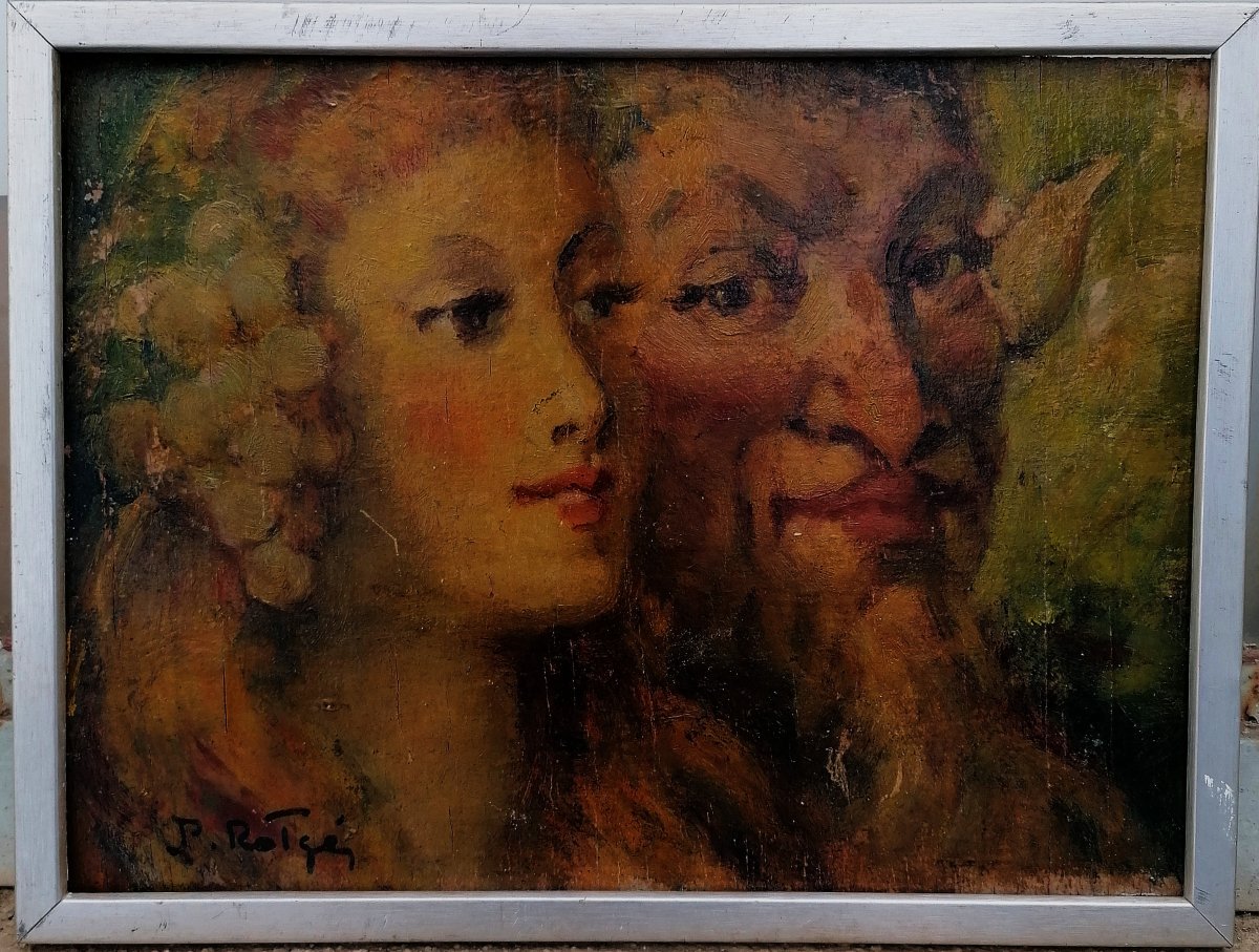 PROSPER ROTGE - HUILE SUR PANNEAU - PORTRAIT DE BACCHUS ET ARIANE - XXEME SIECLE - 