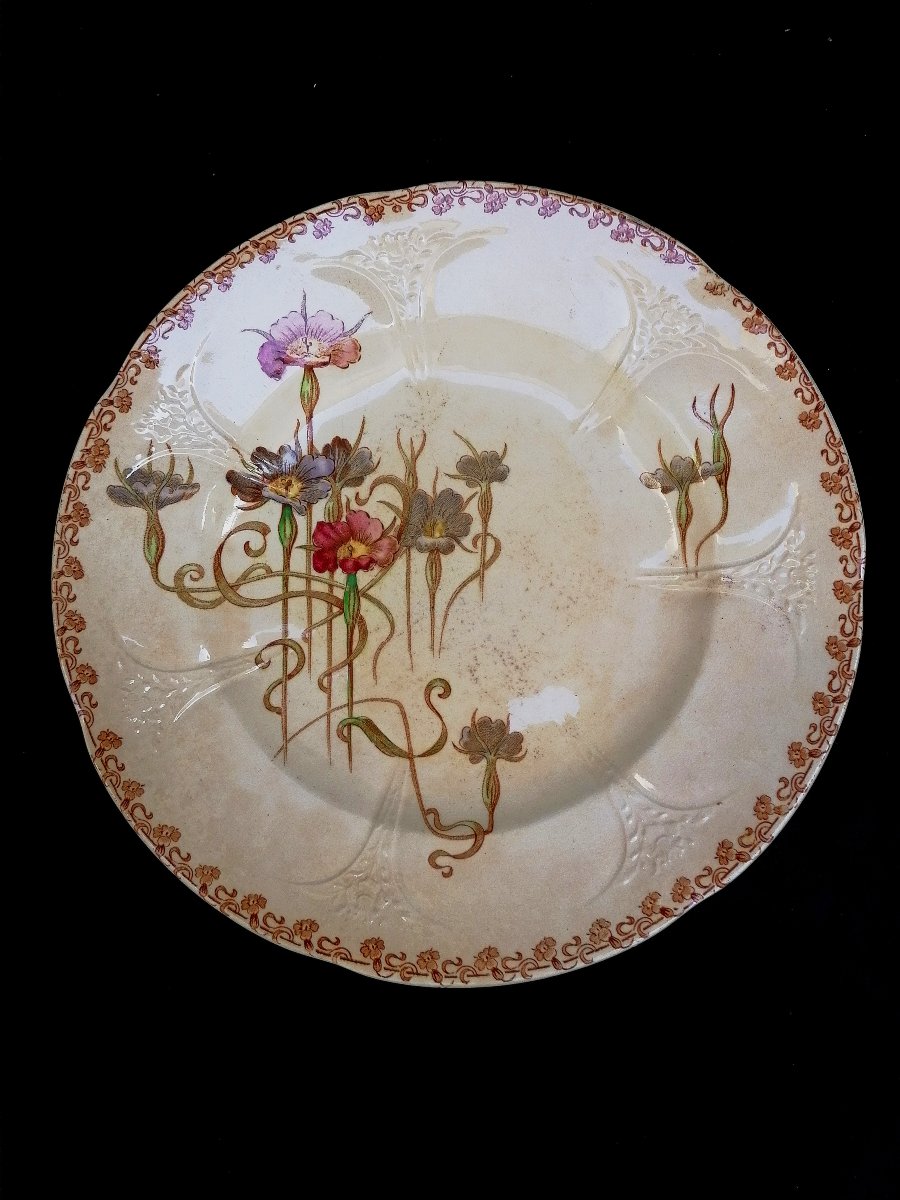 TROIS ASSIETTES EN TERRE DE FER - LONGWY NIELLES - ART NOUVEAU --photo-2