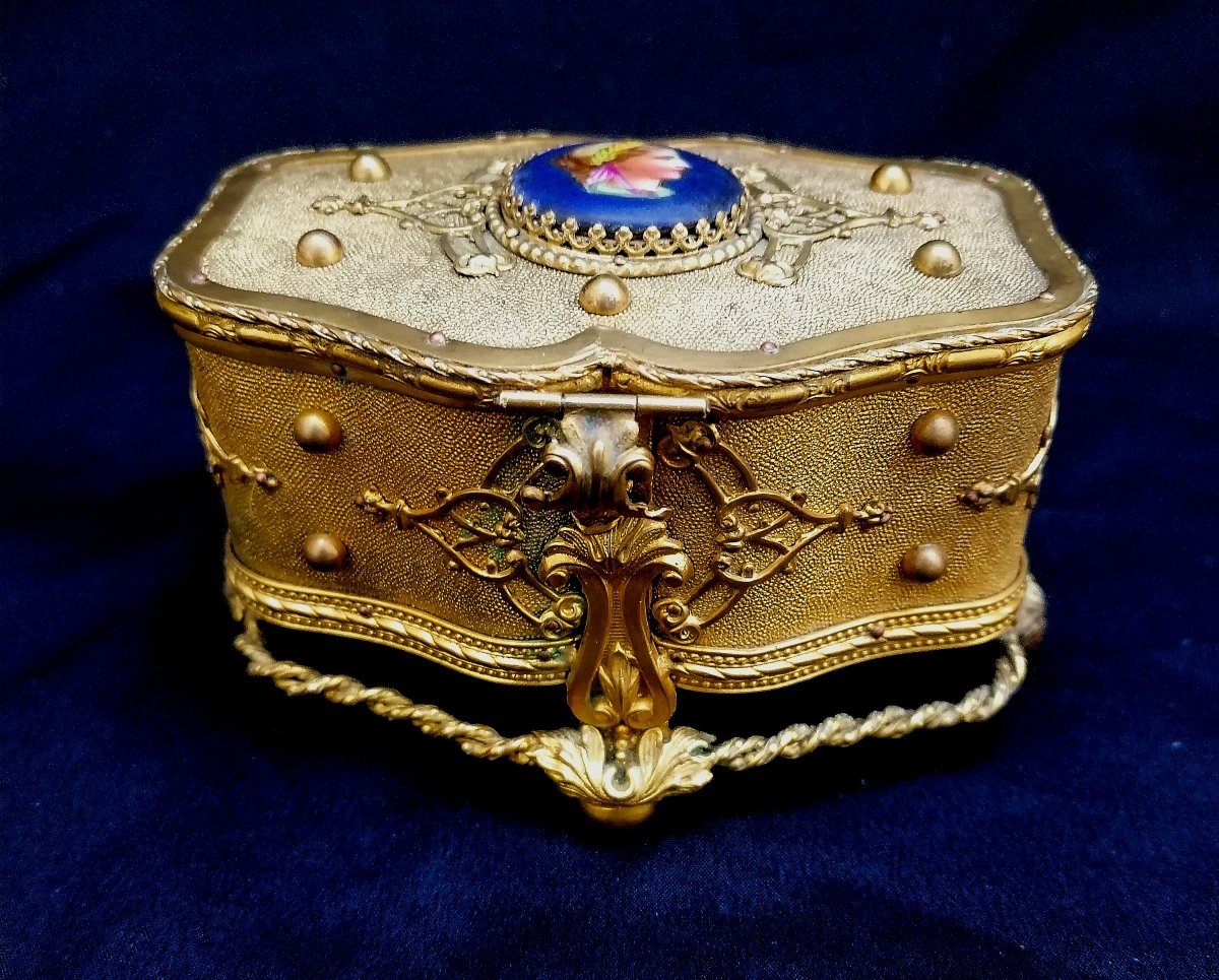 Jewelry Box Or Case - Gilded Brass And Miniature On Porcelain - 19th Century - 