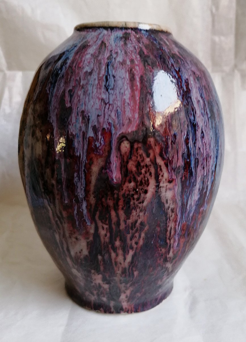 VASE EN GRES EMAILLE DE COULEURS LIE DE VIN - BLEU - VIOLET EN FORME DE COULURES - -photo-2
