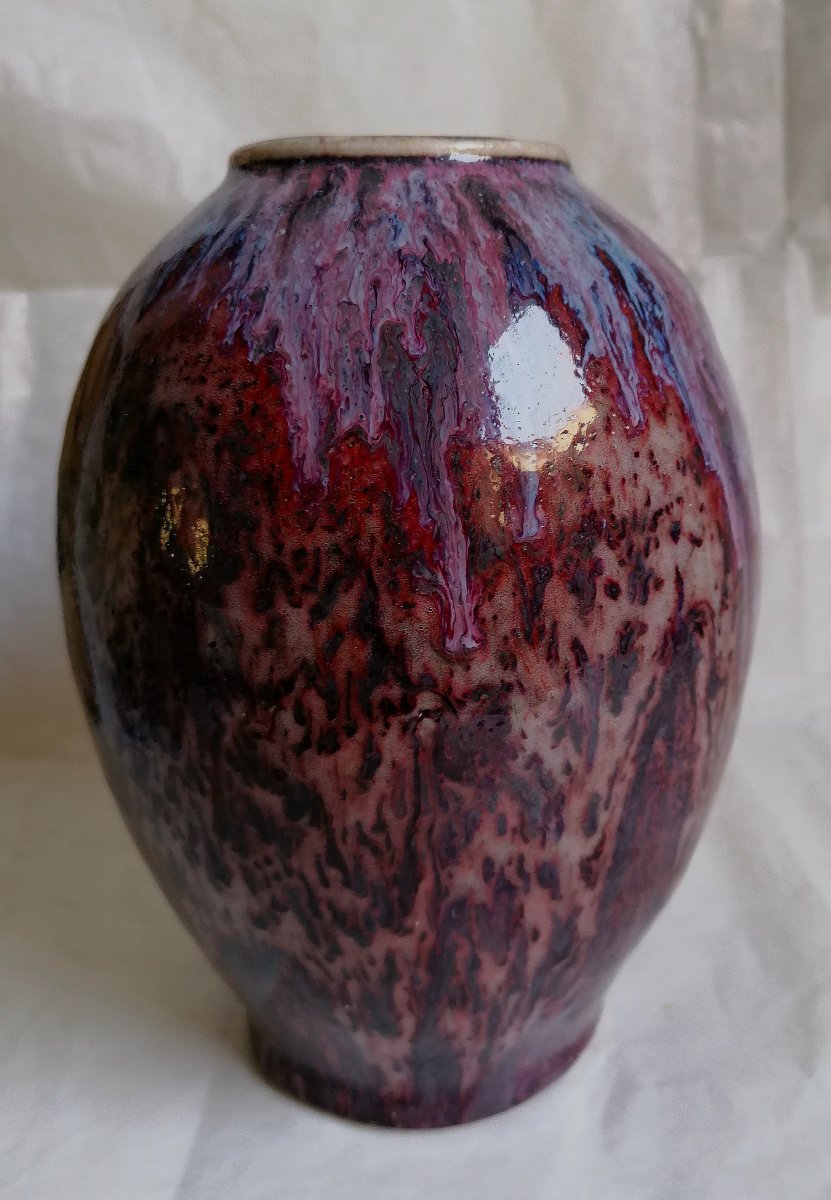 VASE EN GRES EMAILLE DE COULEURS LIE DE VIN - BLEU - VIOLET EN FORME DE COULURES - -photo-3