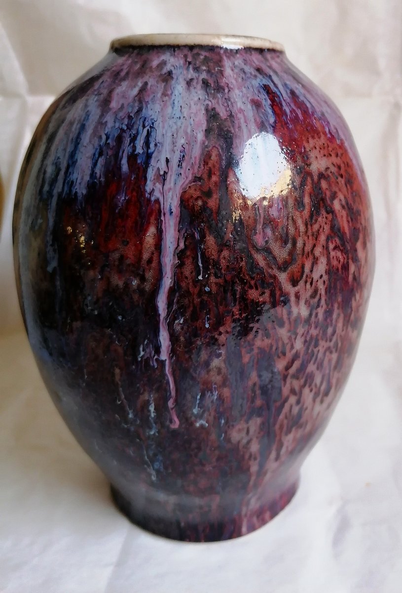 VASE EN GRES EMAILLE DE COULEURS LIE DE VIN - BLEU - VIOLET EN FORME DE COULURES - -photo-4