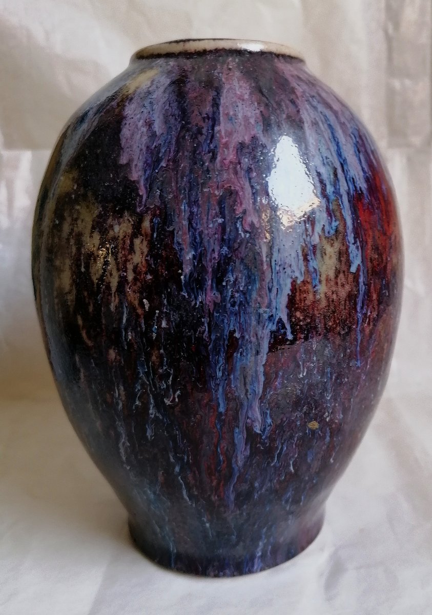 VASE EN GRES EMAILLE DE COULEURS LIE DE VIN - BLEU - VIOLET EN FORME DE COULURES - -photo-1