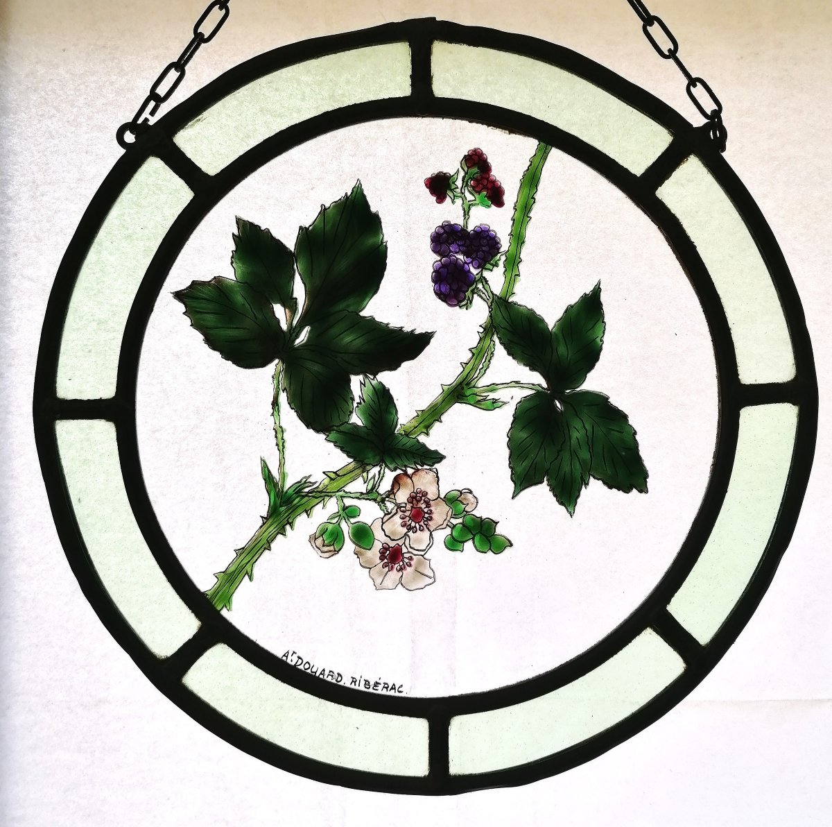 VITRAIL DE FORME RONDE - BRANCHE DE MURIER - ATELIER DOUARD A RIBERAC - XXEME --photo-2