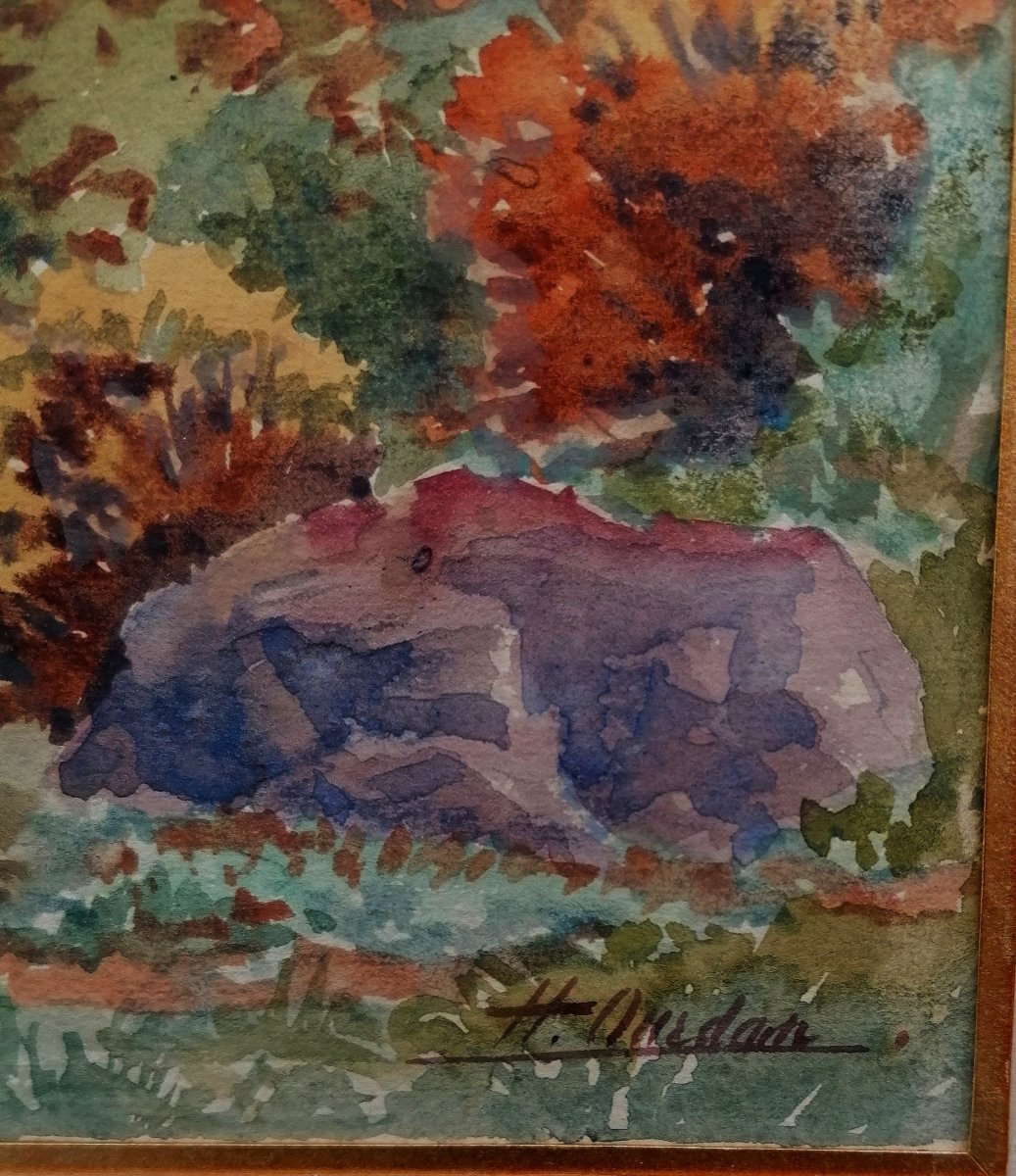AQUARELLE - FORET AUX COULEURS D'AUTOMNE - DEBUT XXEME SIECLE - SIGNATURE --photo-2
