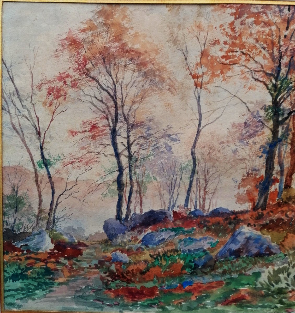 AQUARELLE - FORET AUX COULEURS D'AUTOMNE - DEBUT XXEME SIECLE - SIGNATURE --photo-3