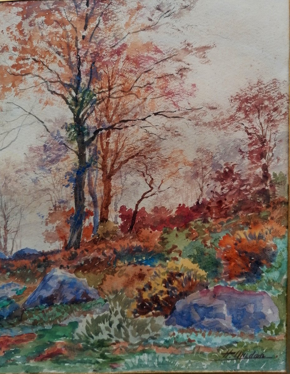 AQUARELLE - FORET AUX COULEURS D'AUTOMNE - DEBUT XXEME SIECLE - SIGNATURE --photo-4