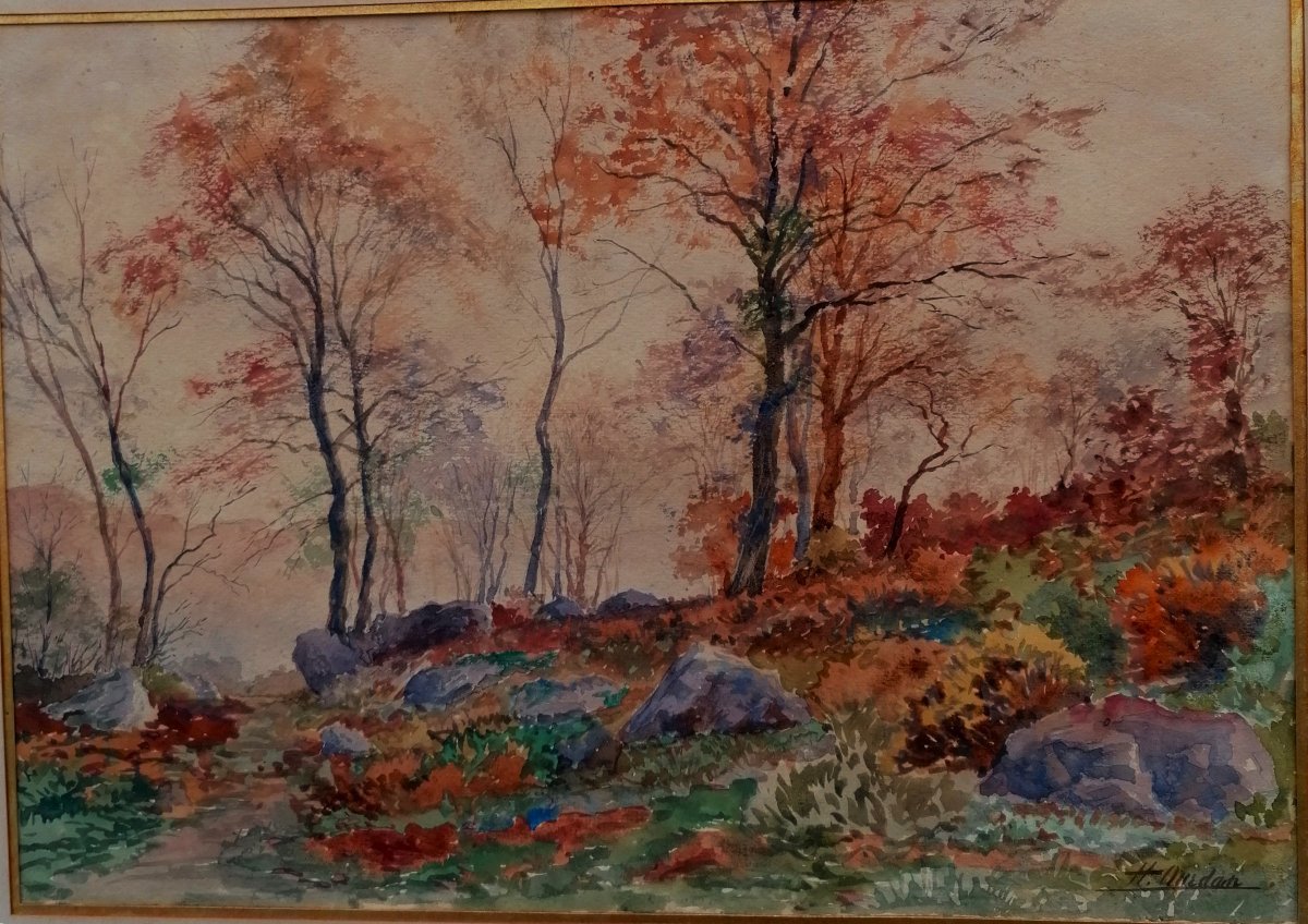 AQUARELLE - FORET AUX COULEURS D'AUTOMNE - DEBUT XXEME SIECLE - SIGNATURE -