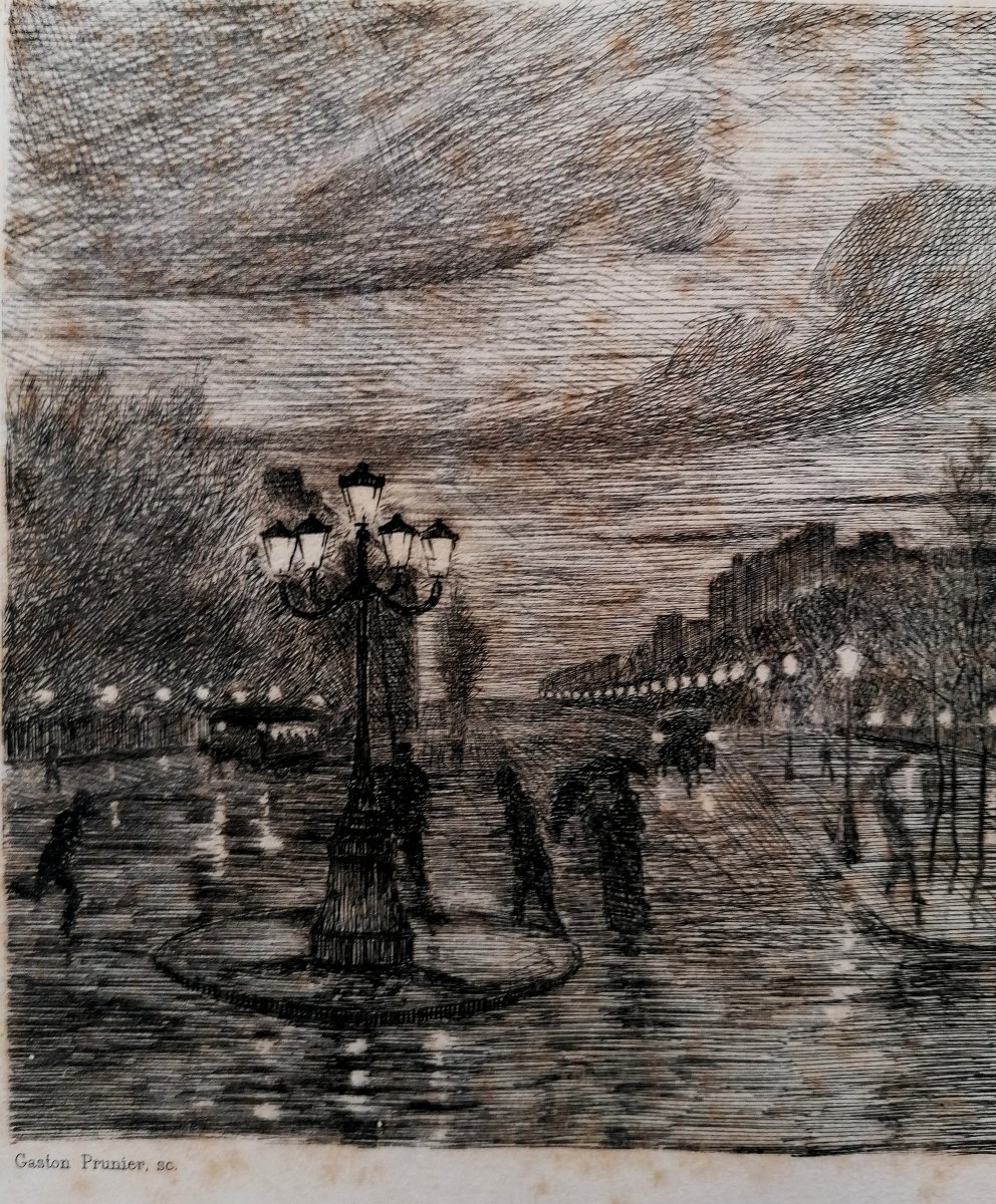 GASTON PRUNIER 1863-1927 - EAU FORTE TITREE " LA PLACE DE L'HOTEL DE VILLE - LE HAVRE - 1892 --photo-4