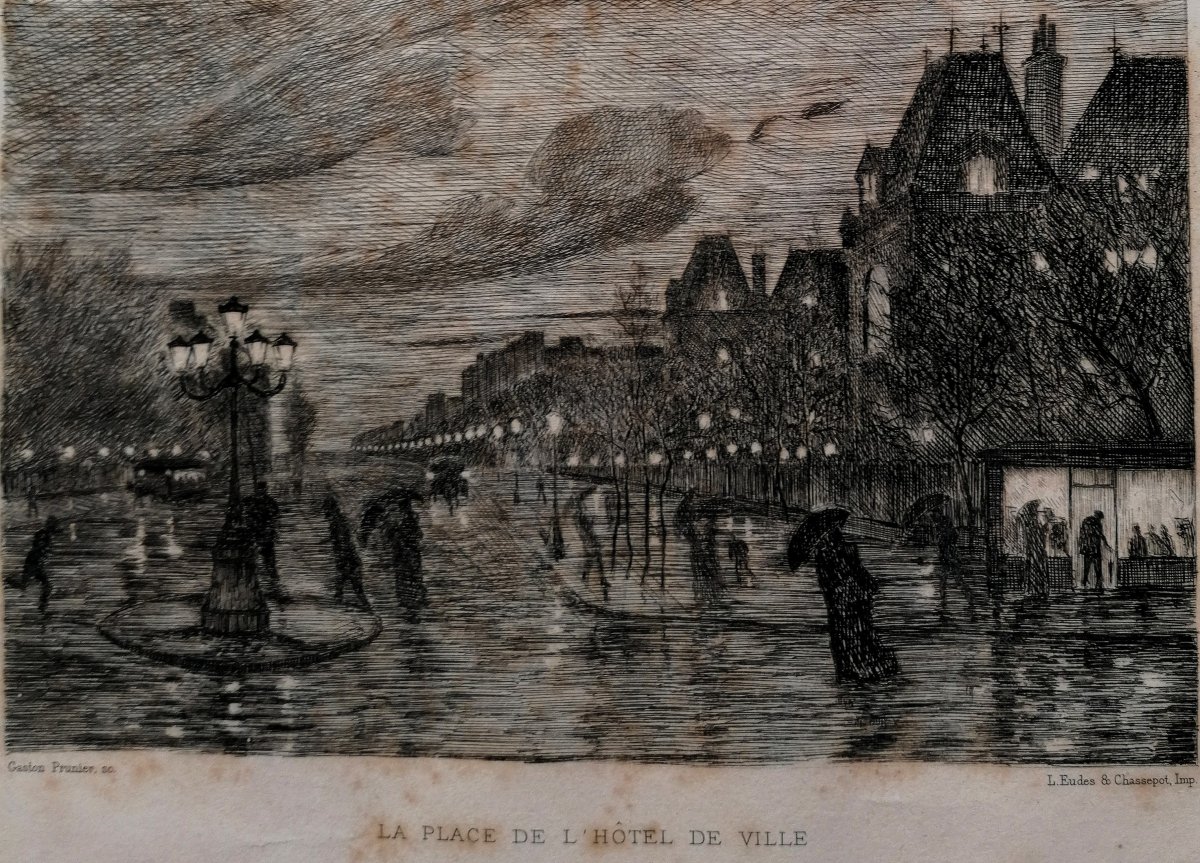 GASTON PRUNIER 1863-1927 - EAU FORTE TITREE " LA PLACE DE L'HOTEL DE VILLE - LE HAVRE - 1892 -
