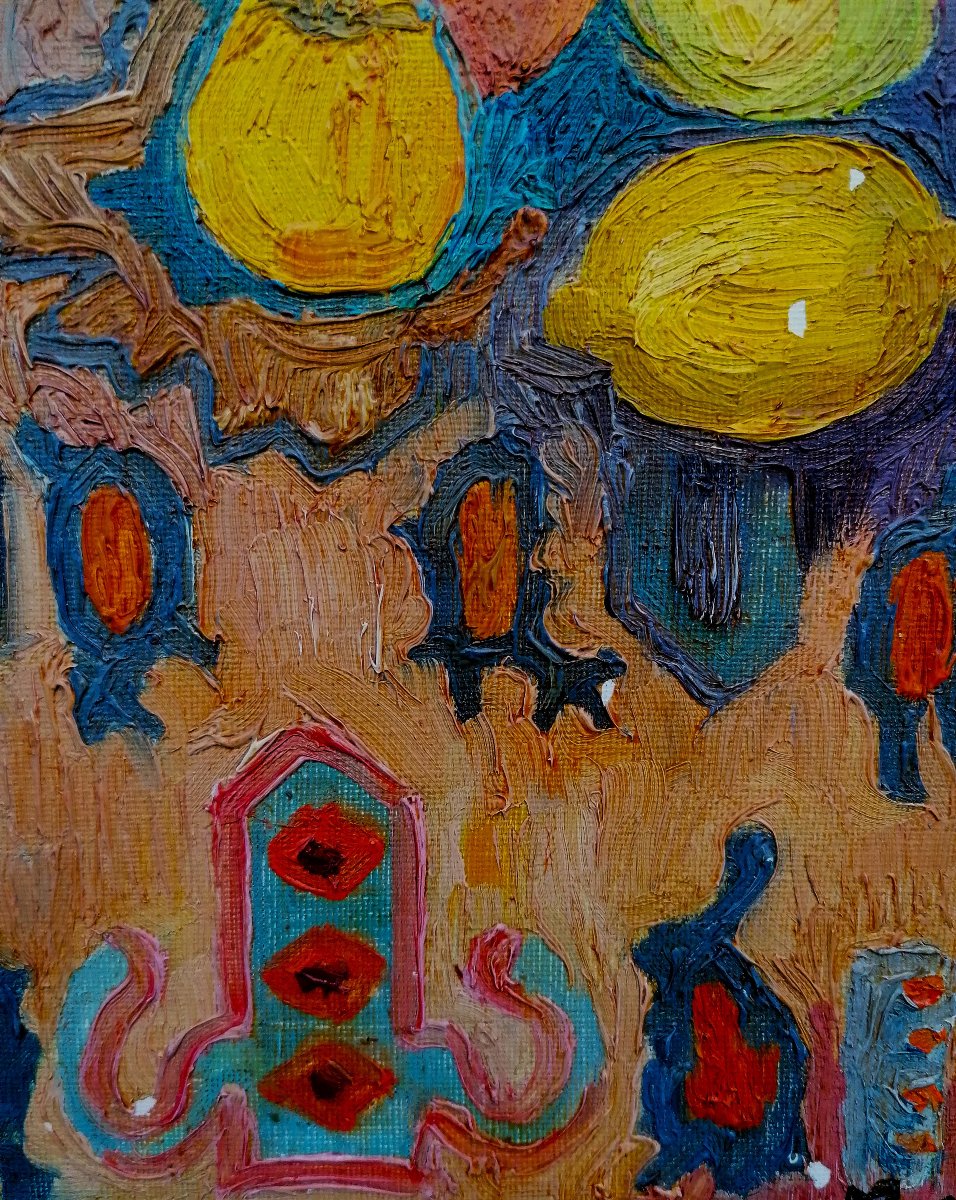 HUILE SUR TOILE - NATURE MORTE POST IMPRESSIONNISTE SYMBOLISTE - SIGNATURE - 1962 --photo-2
