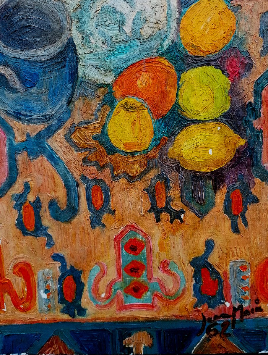 HUILE SUR TOILE - NATURE MORTE POST IMPRESSIONNISTE SYMBOLISTE - SIGNATURE - 1962 --photo-3
