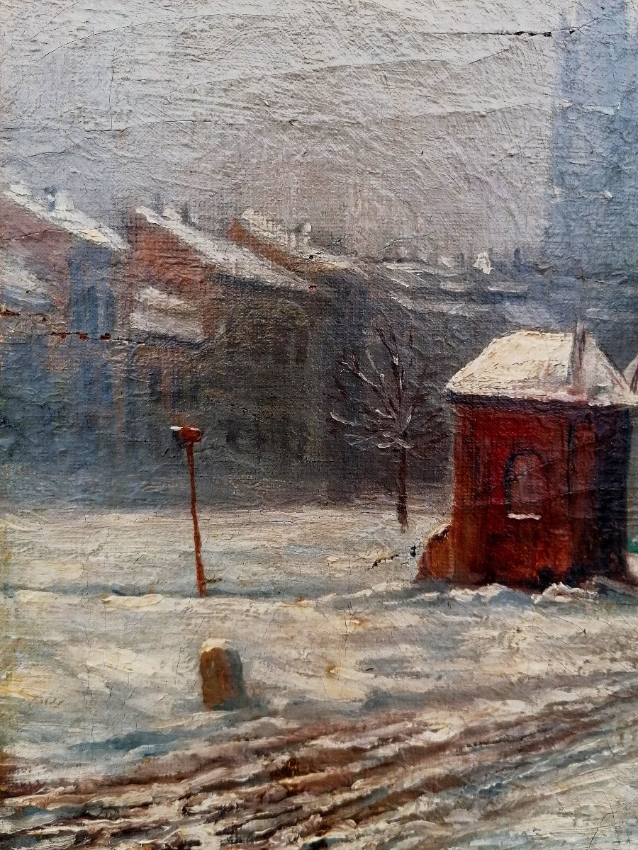 HUILE SUR TOILE - SIGNATURE A DECRYPTER - VILLE SOUS LA NEIGE - XIXEME - -photo-3