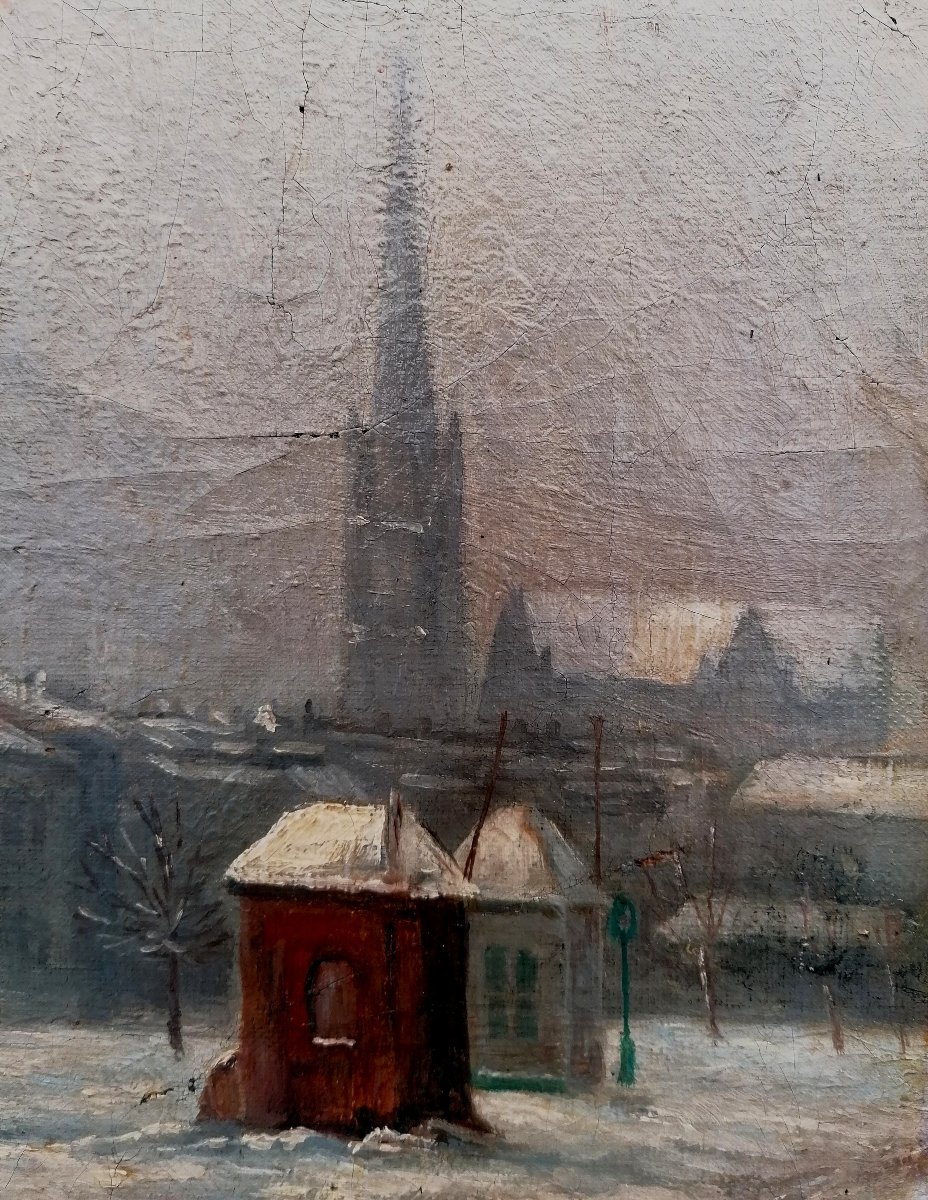 HUILE SUR TOILE - SIGNATURE A DECRYPTER - VILLE SOUS LA NEIGE - XIXEME - -photo-4
