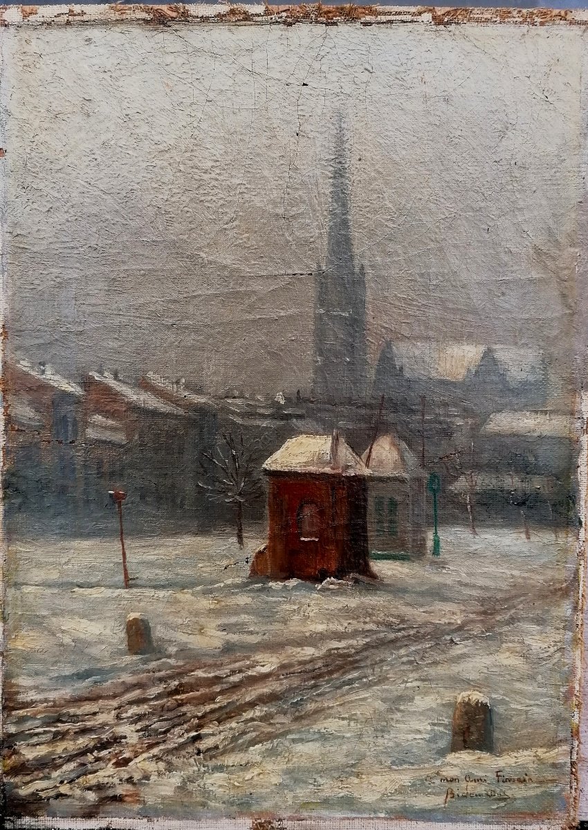 HUILE SUR TOILE - SIGNATURE A DECRYPTER - VILLE SOUS LA NEIGE - XIXEME - -photo-2