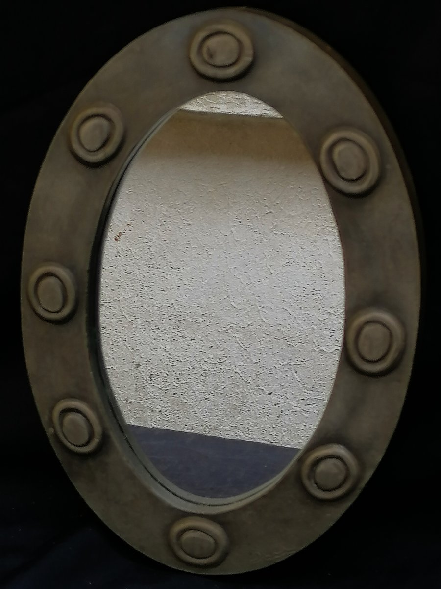 Mirror - Stamped Metal On A Wooden Core - Signed - Circa 1970? --photo-4