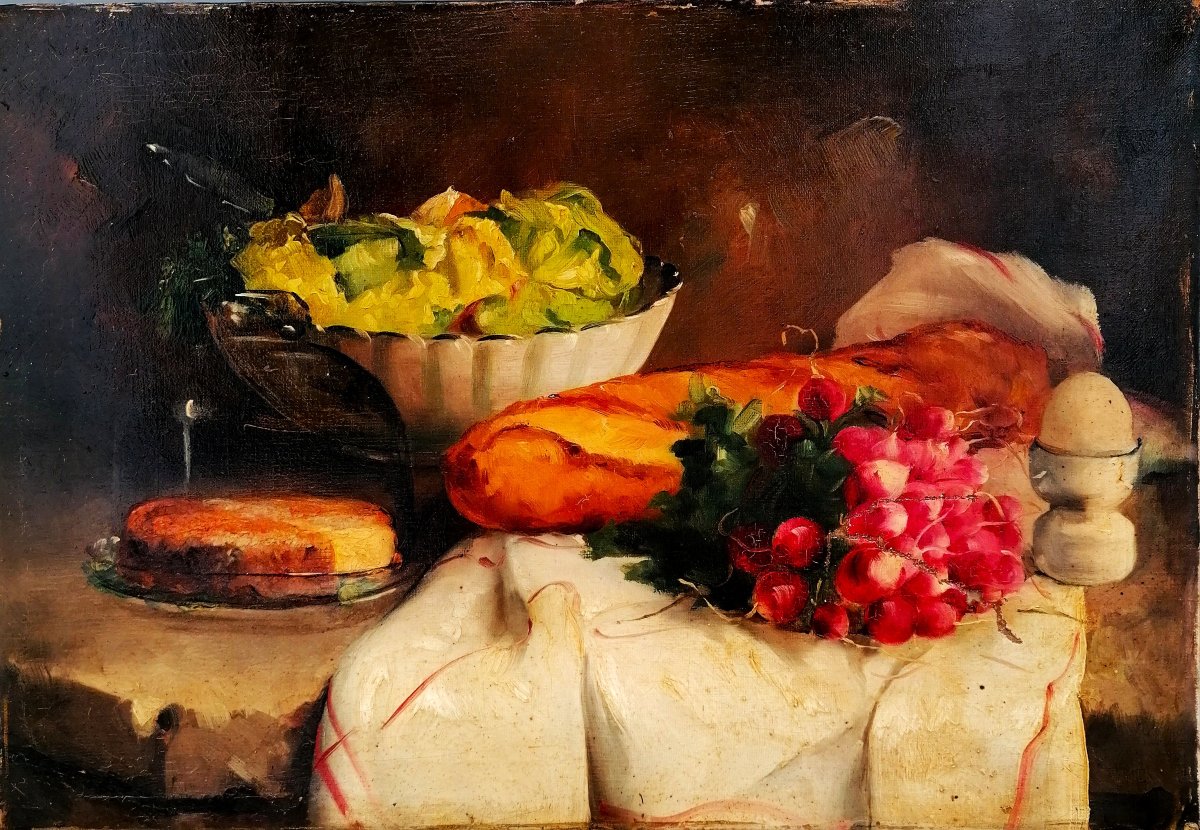 Oil On Canvas - Still Life - Bread - Cake - Salad - Radishes On A Table - 19th Century --photo-2