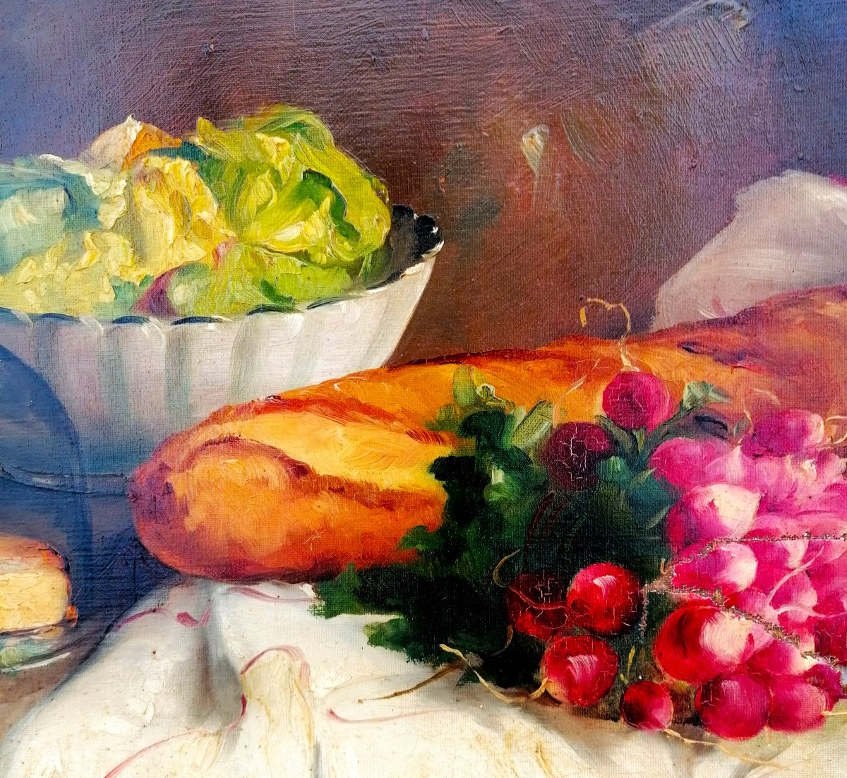 Oil On Canvas - Still Life - Bread - Cake - Salad - Radishes On A Table - 19th Century --photo-1