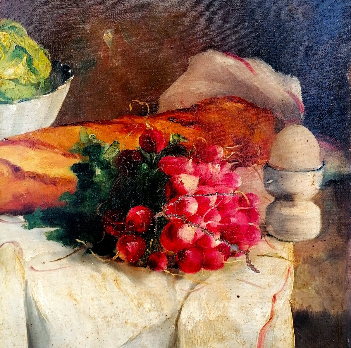 Oil On Canvas - Still Life - Bread - Cake - Salad - Radishes On A Table - 19th Century --photo-2