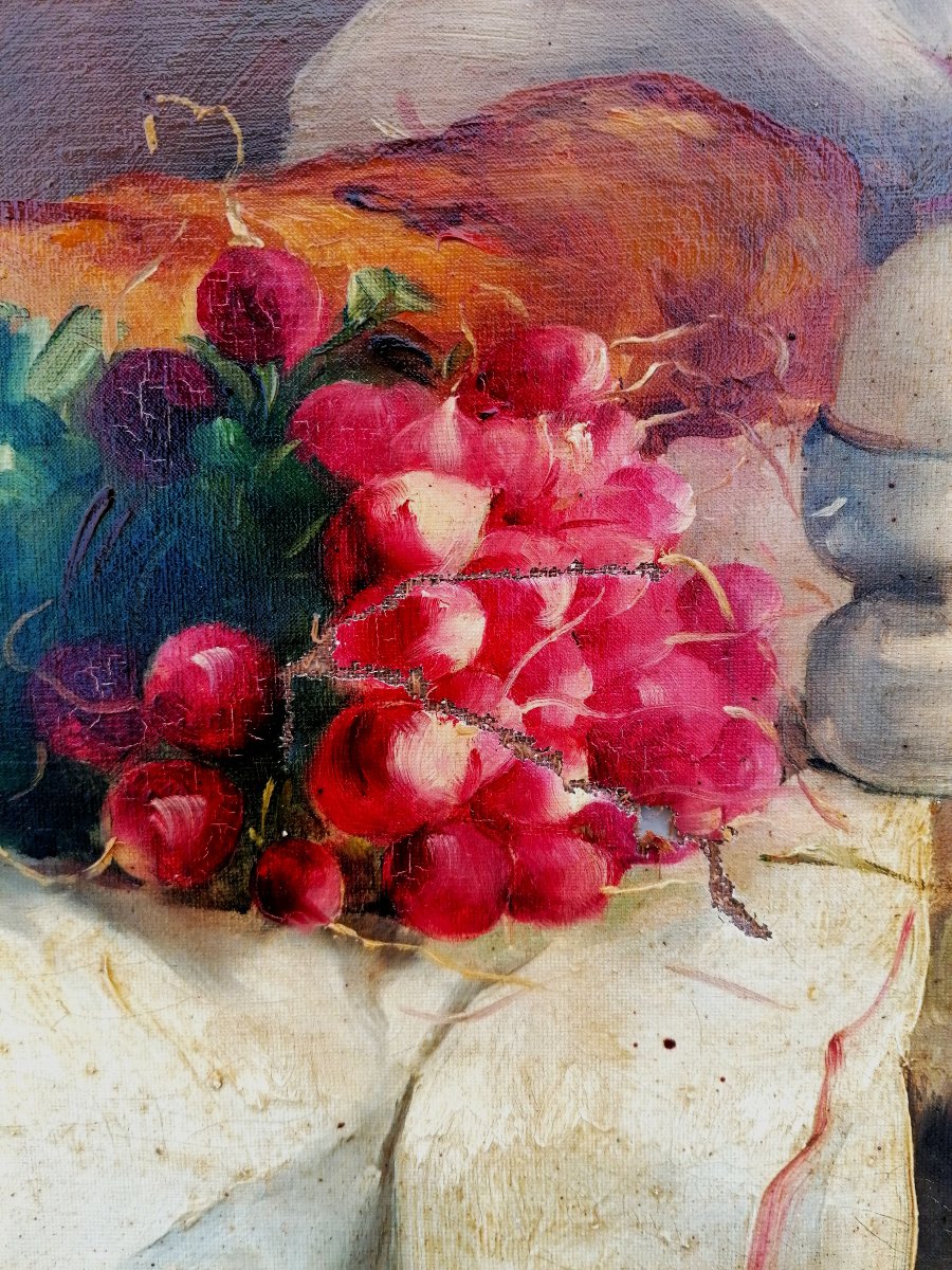 Oil On Canvas - Still Life - Bread - Cake - Salad - Radishes On A Table - 19th Century --photo-3