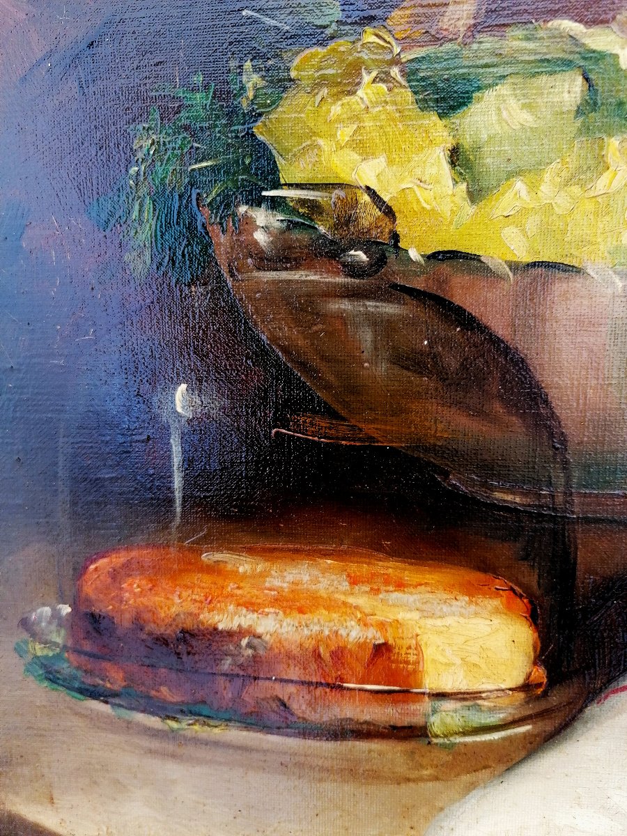 Oil On Canvas - Still Life - Bread - Cake - Salad - Radishes On A Table - 19th Century --photo-4