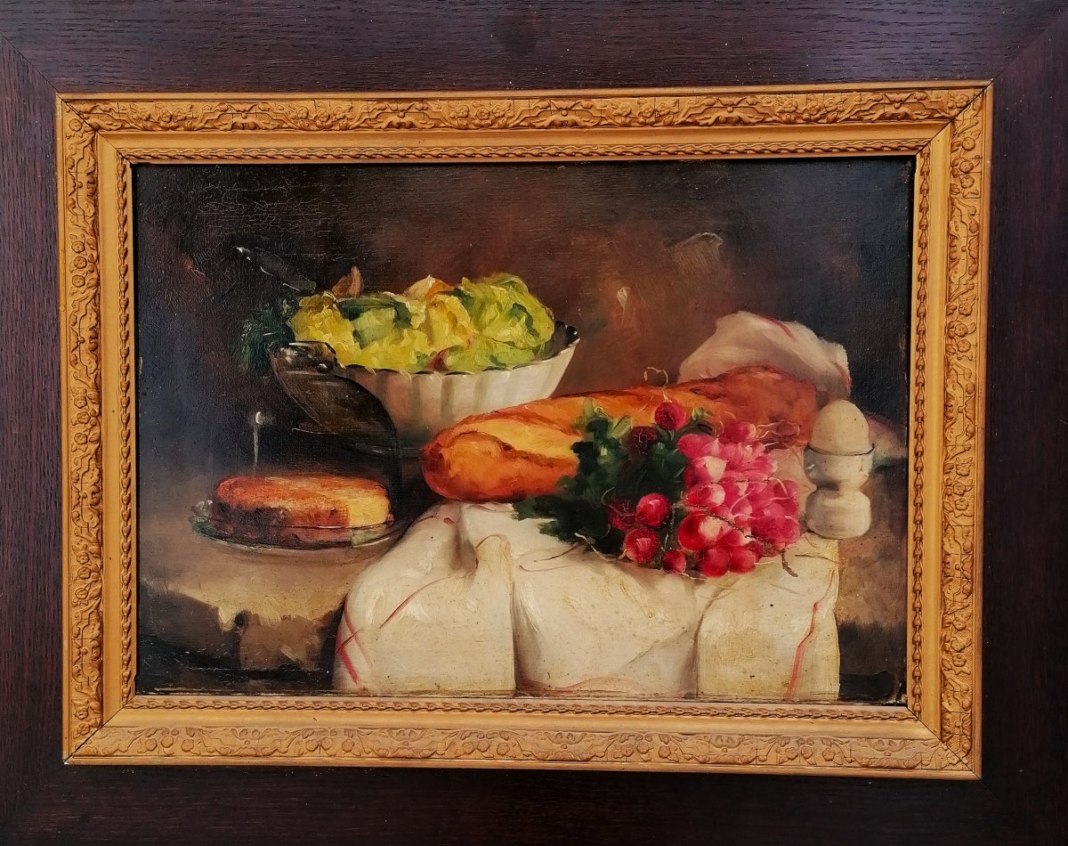 Oil On Canvas - Still Life - Bread - Cake - Salad - Radishes On A Table - 19th Century --photo-6