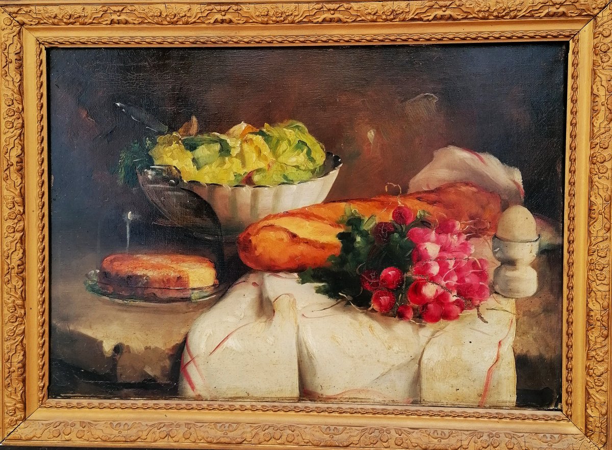 Oil On Canvas - Still Life - Bread - Cake - Salad - Radishes On A Table - 19th Century -
